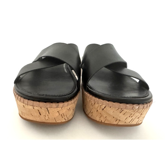 FitFlop Eloise Slide Sandals 11 Criss-Cross Black Leather Cork Wedge Comfort - Picture 4 of 12